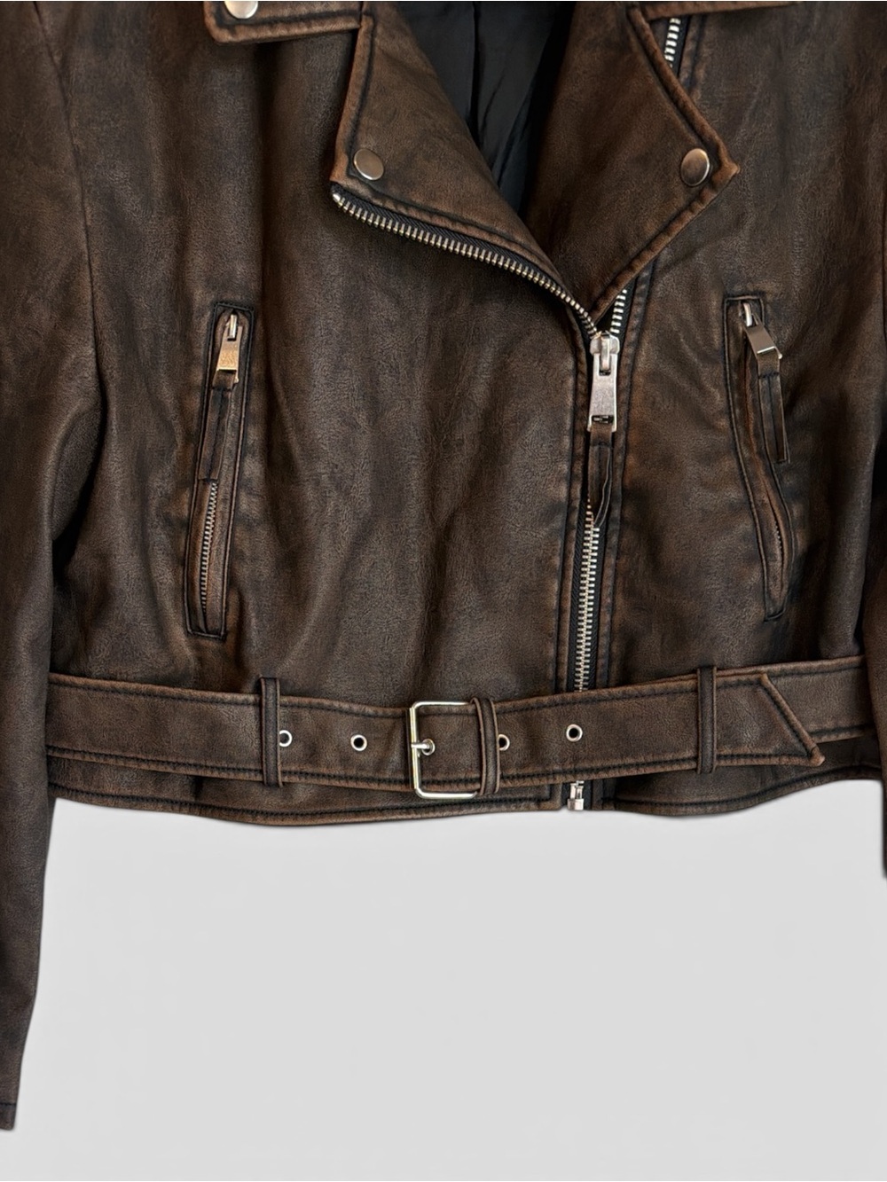 Lily & Lottie Akira Moto Jacket Size Medium Brown Asymmetrical Zip Front NEW - Picture 5 of 13